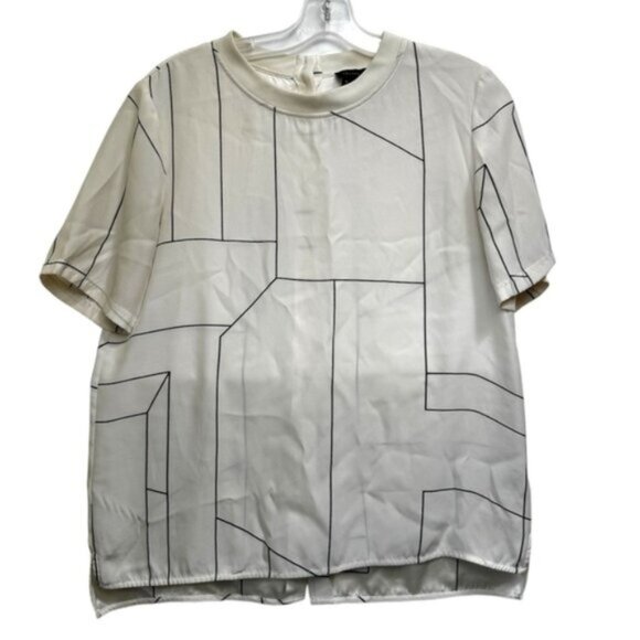 Theory NEW Klima Silk Button Back Silk Tee Blouse Geo Print Minimalist Neutral M - Picture 1 of 16